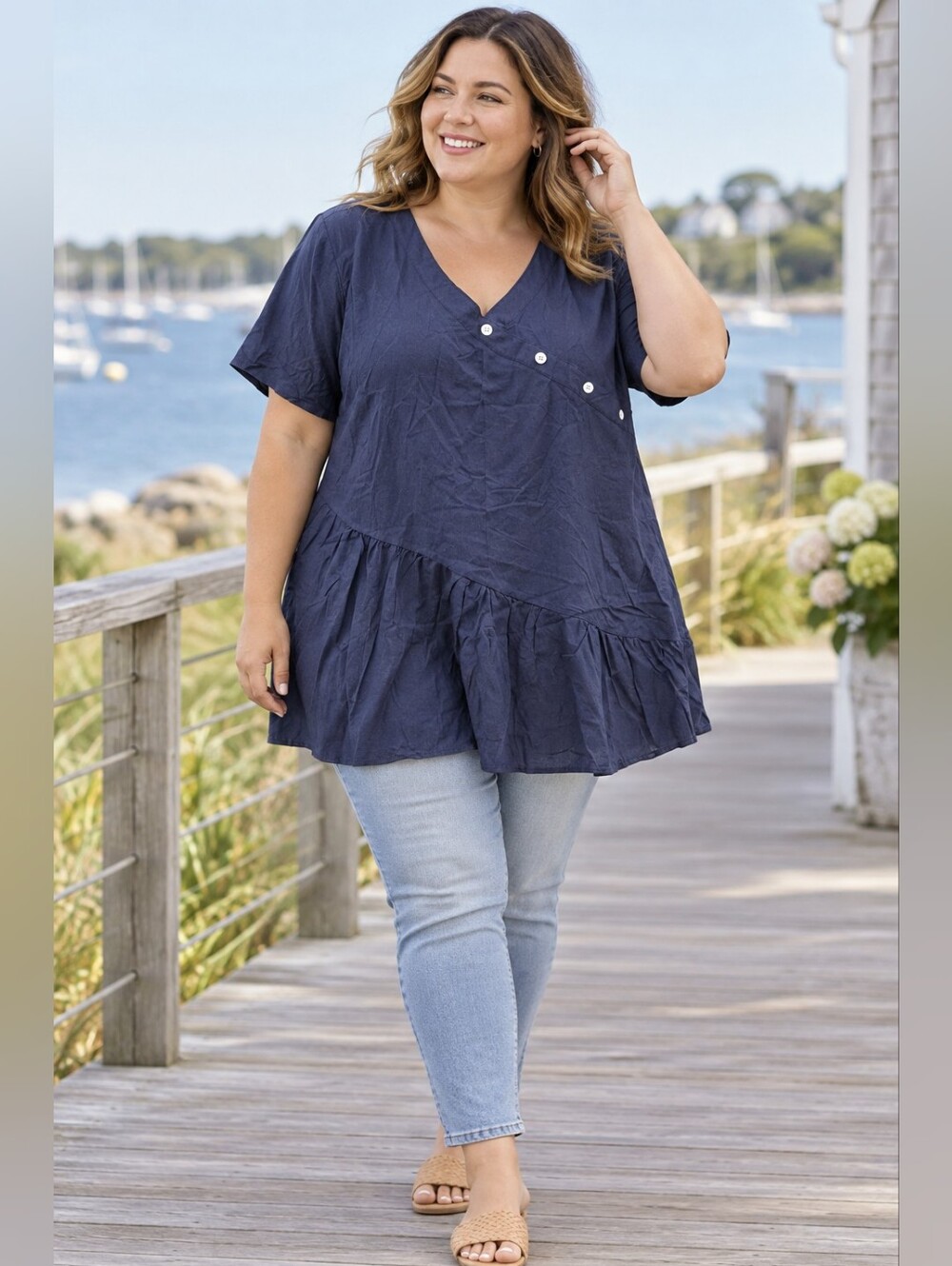 Women’s Navy Blue Wrap Style Button Ruffle Hem Tunic Top Size XL